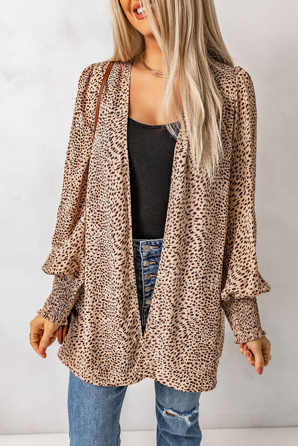 Animal Print Shirred Cuff Lantern Sleeve Cardigan