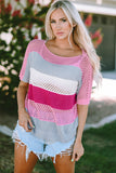 Knitted Eyelet Colorblock Striped Half Sleeves Top