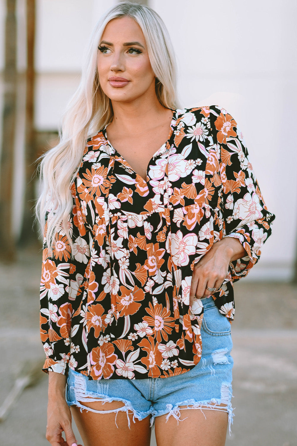 Floral Print 3/4 Sleeve Babydoll Blouse