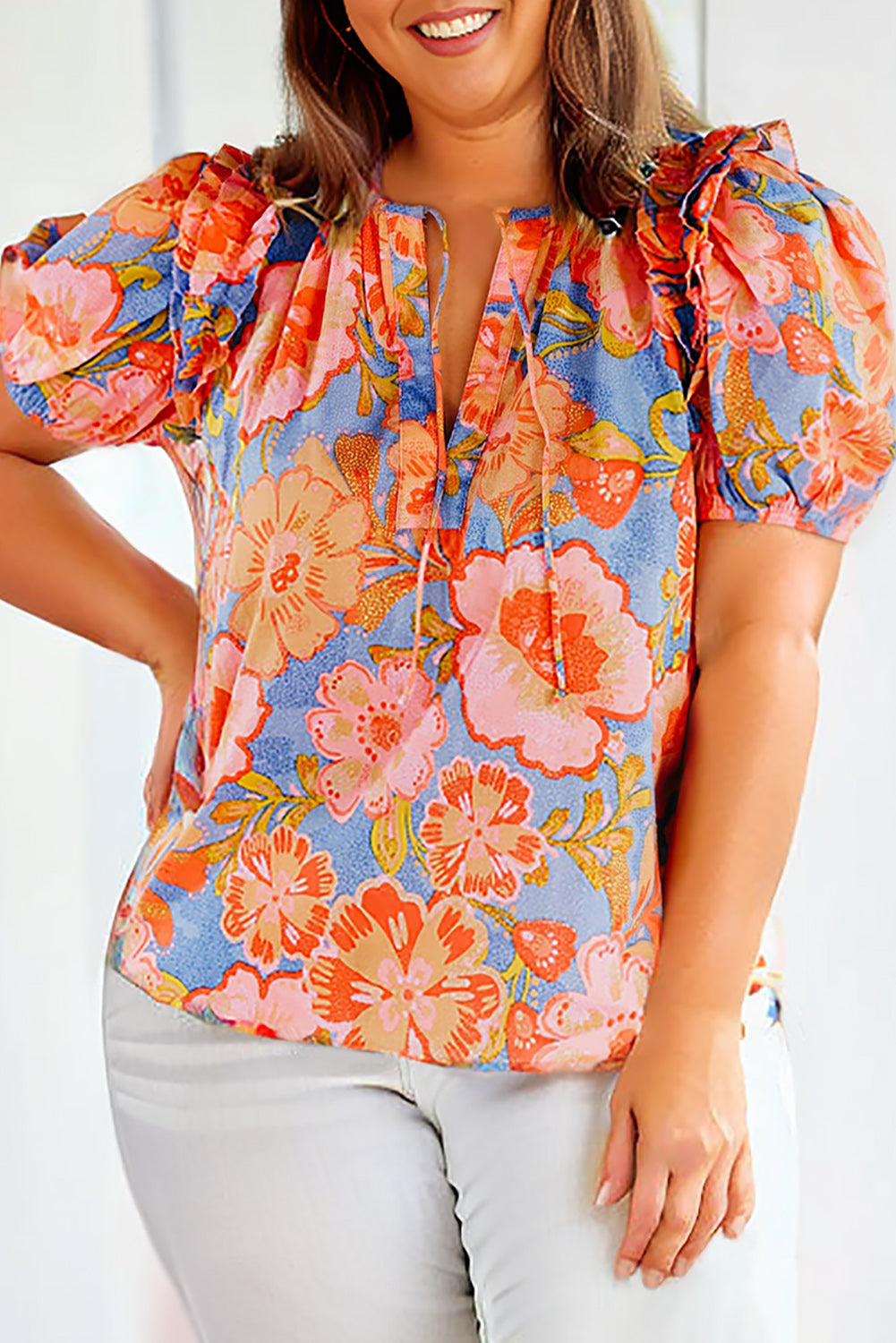 Floral Bubble Sleeve V-Neck Plus Size Blouse