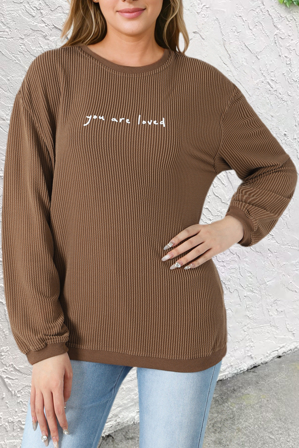 Kaki - Sweat-shirt en velours côtelé imprimé You Are Loved