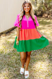 Multicolor Crinkle Bubble Sleeve Color Block Blouse