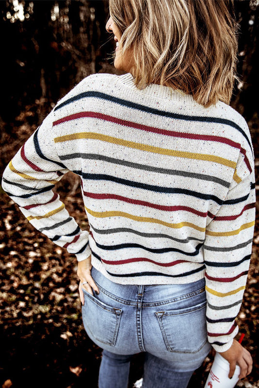 Striped Drop Sleeve Crew Neck Knit Sweater