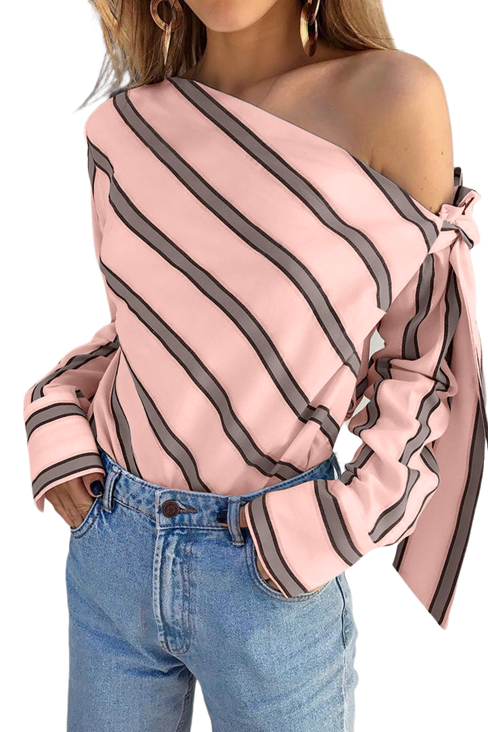 Striped Asymmetric Tied Shoulder Blouse