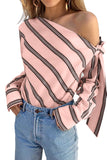 Striped Asymmetric Tied Shoulder Blouse