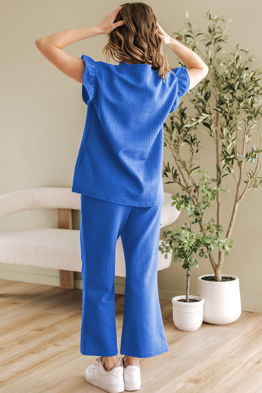 Dark Blue Ruffled Sleeve Summer Top and Cropped Loose Pants Set