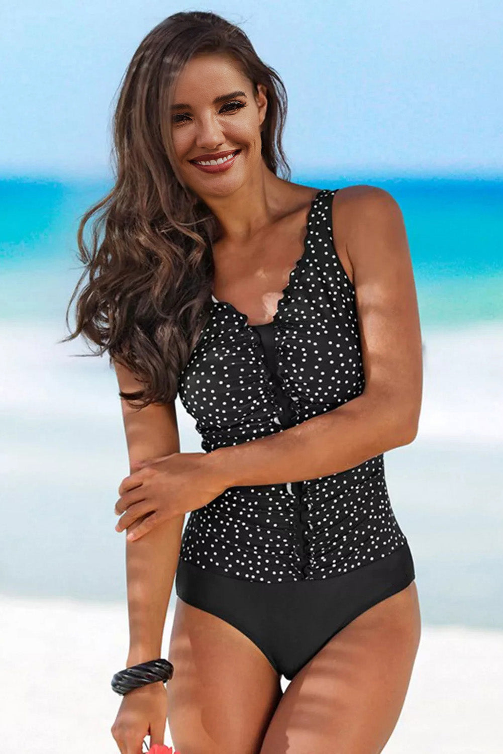 Dotted Print Ruffles One-piece Swimsuit