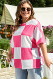 White Textured Checkerboard Round Neck Plus Size T Shirt