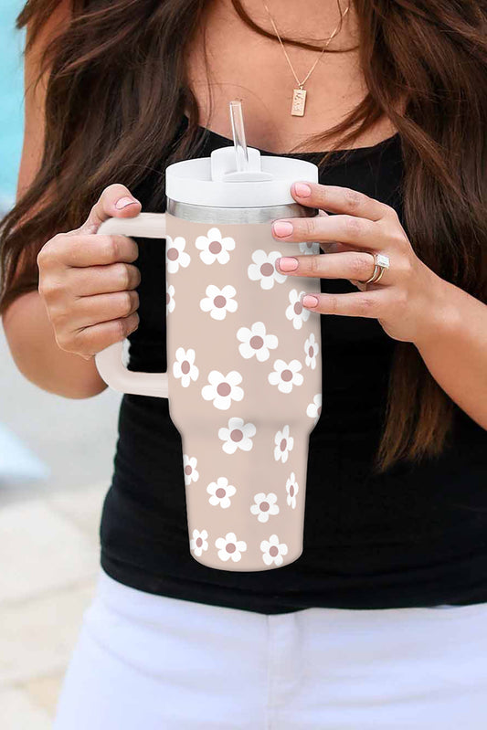 Floret Print Stainless Tumbler With Lid And Straw