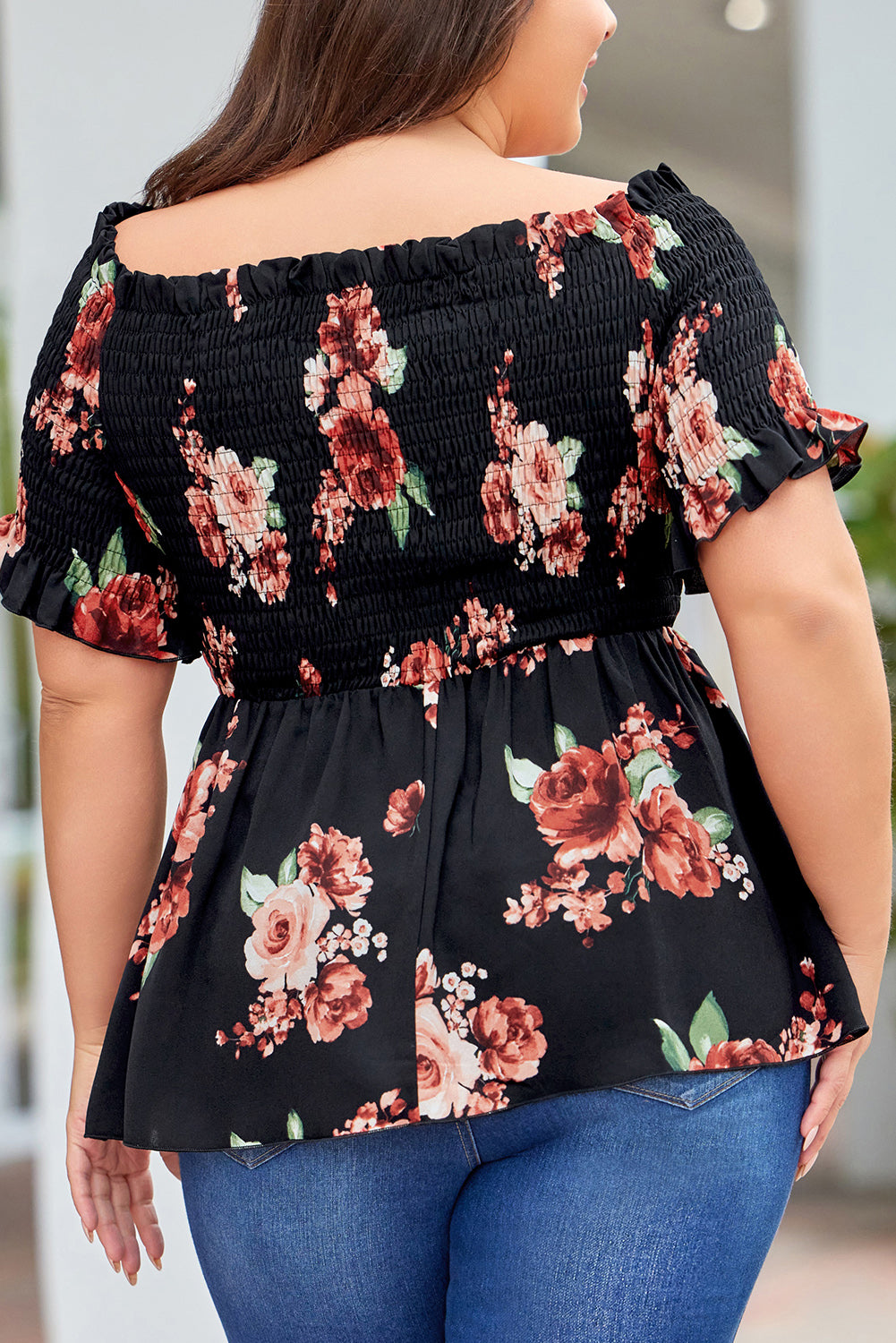 Floral Smocked Off Shoulder Plus Size Blouse