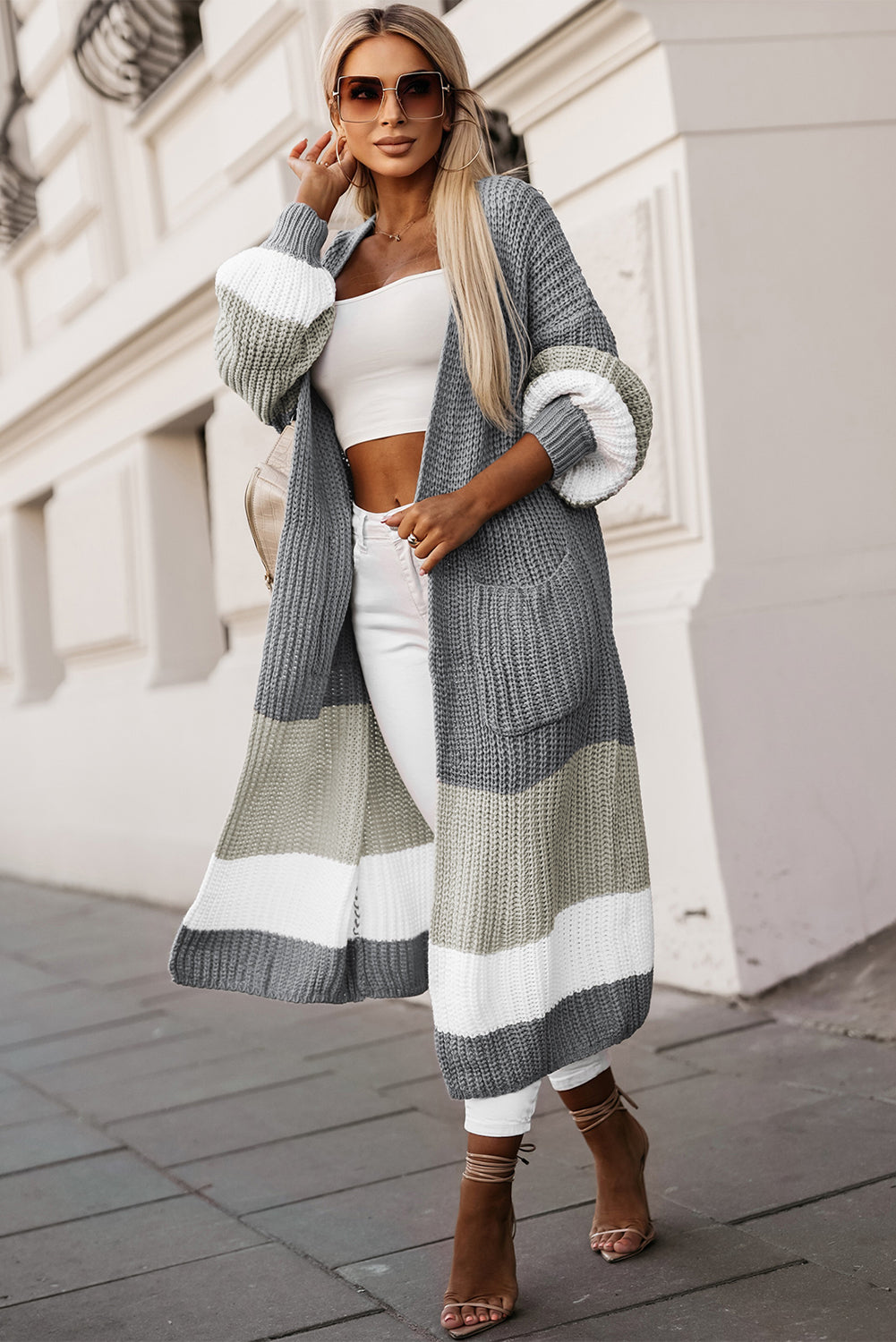 Colorblock Cable Knit Side Pockets Duster Cardigan