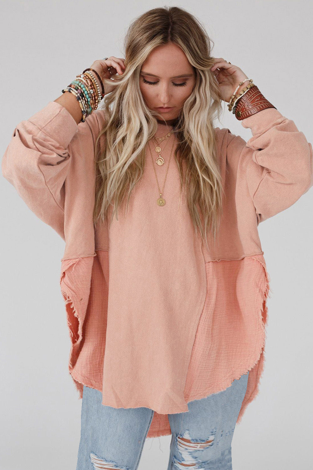 Crinkle Splicing Raw Hem High Low Oversized Blouse