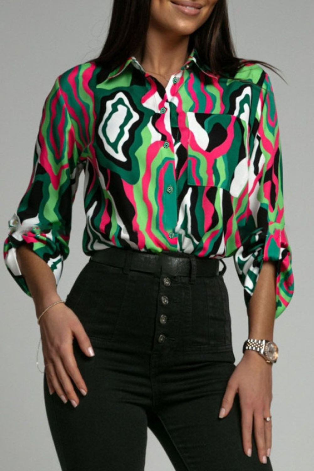 Abstract Print Roll-tab Sleeve Chest Pocket Shirt