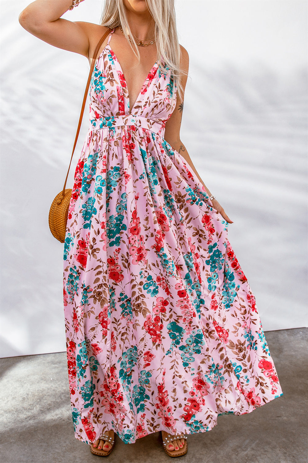 Printed Pleated V Neck Crossed Strappy Back Dress