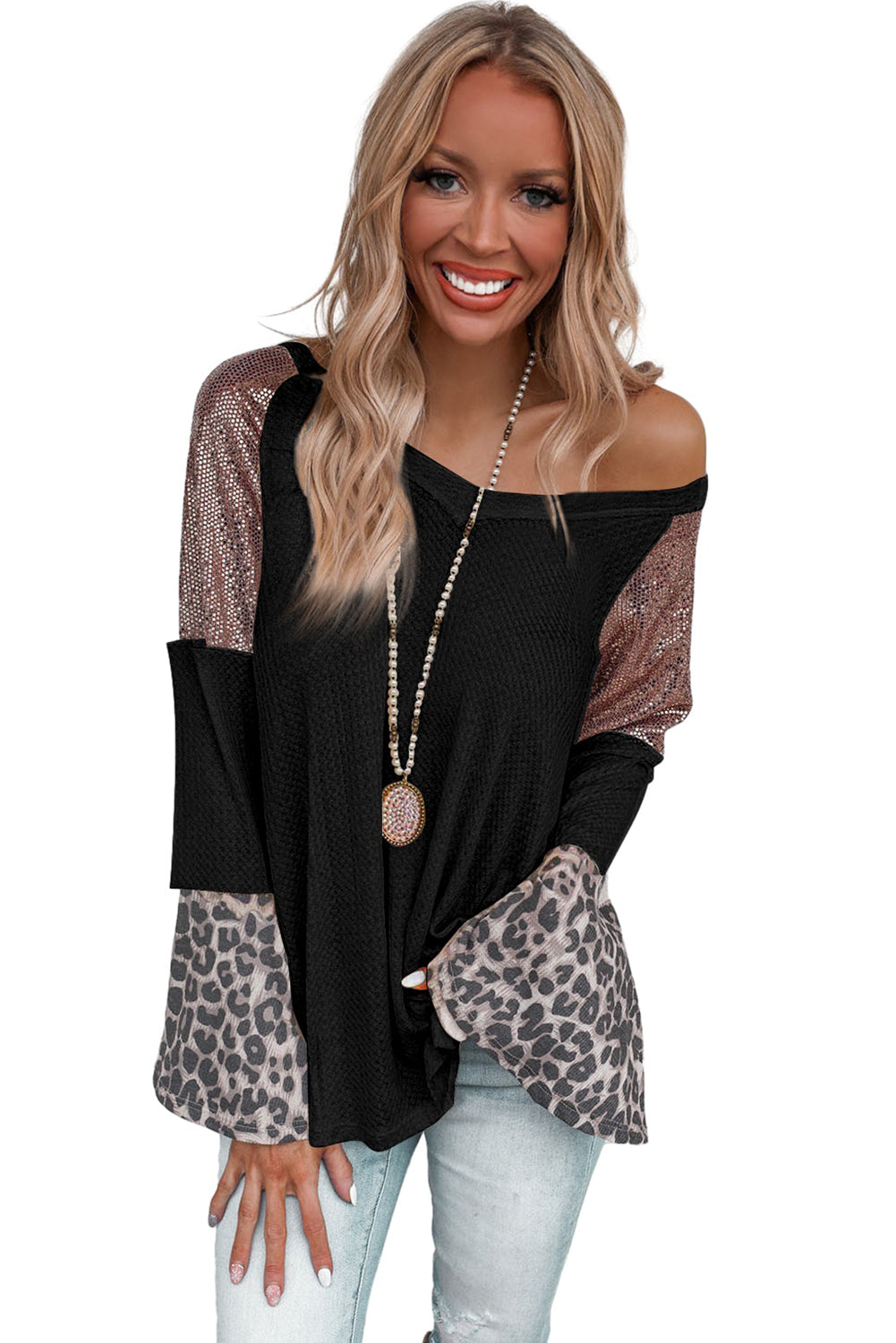 Leopard Sequin Patchwork Bell Sleeve V Neck Tunic Top