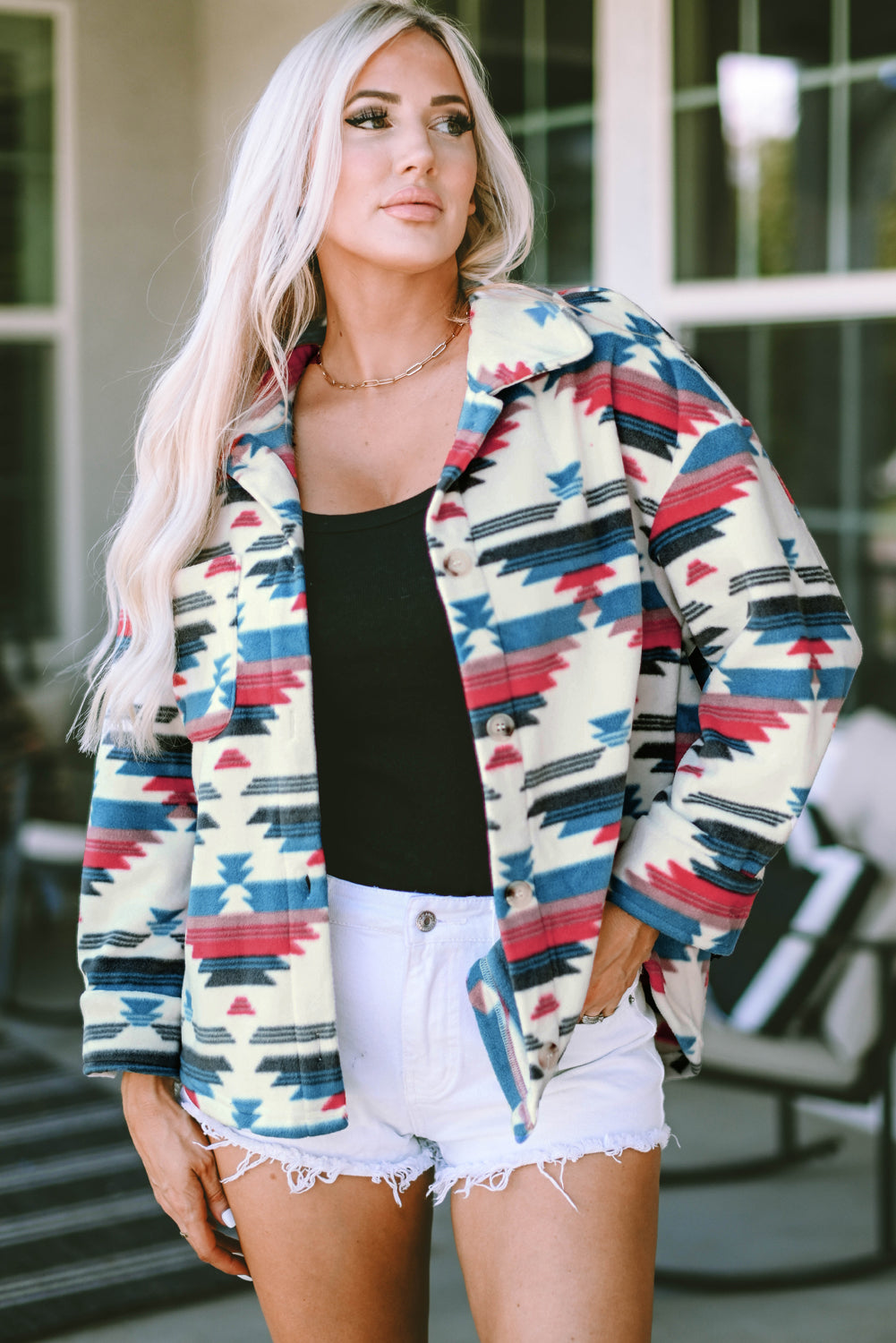 Aztec Print Button-up Turn Down Collar Shacket