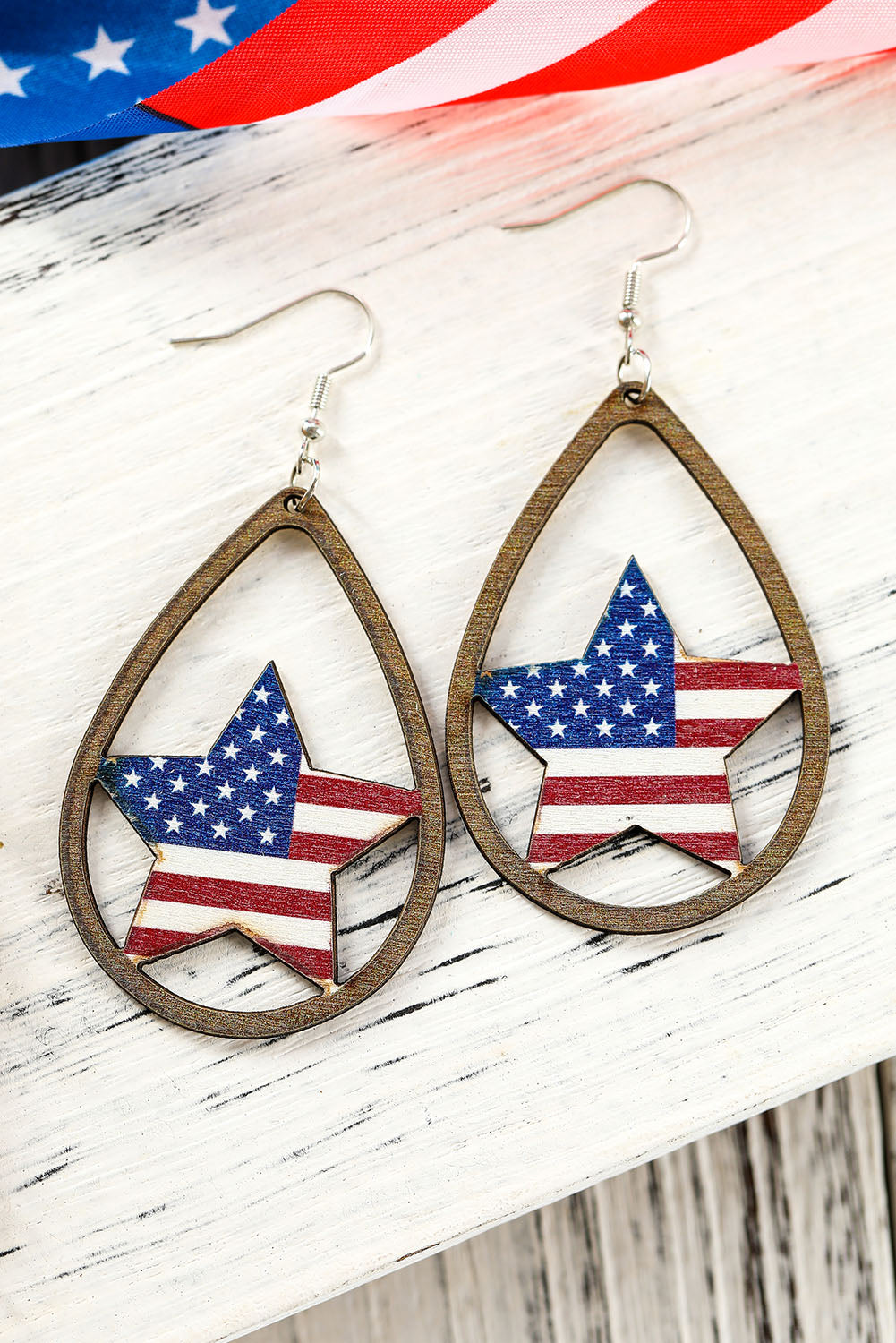 American Flag Heart Shape Hollowed Wood Drop Earrings