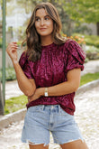 Burgundy Glittering Sequin Short Bubble Sleeve Blouse