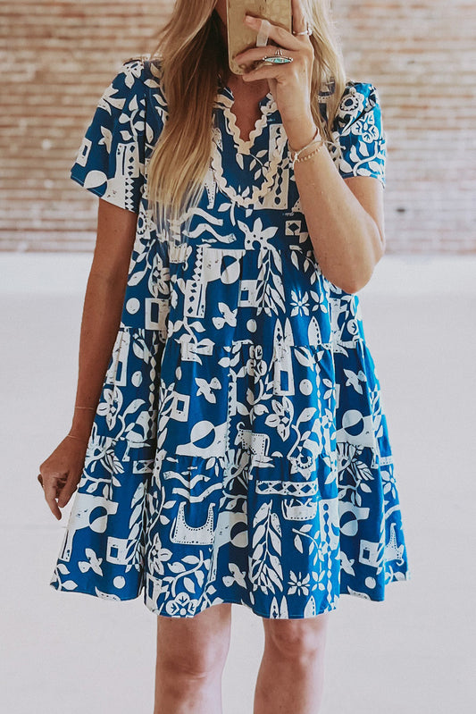 Blue Ricrac Trim Split Neck Floral Loose Dress