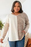 Plus Size Leopard Patchwork Mix Knit Long Sleeve Top