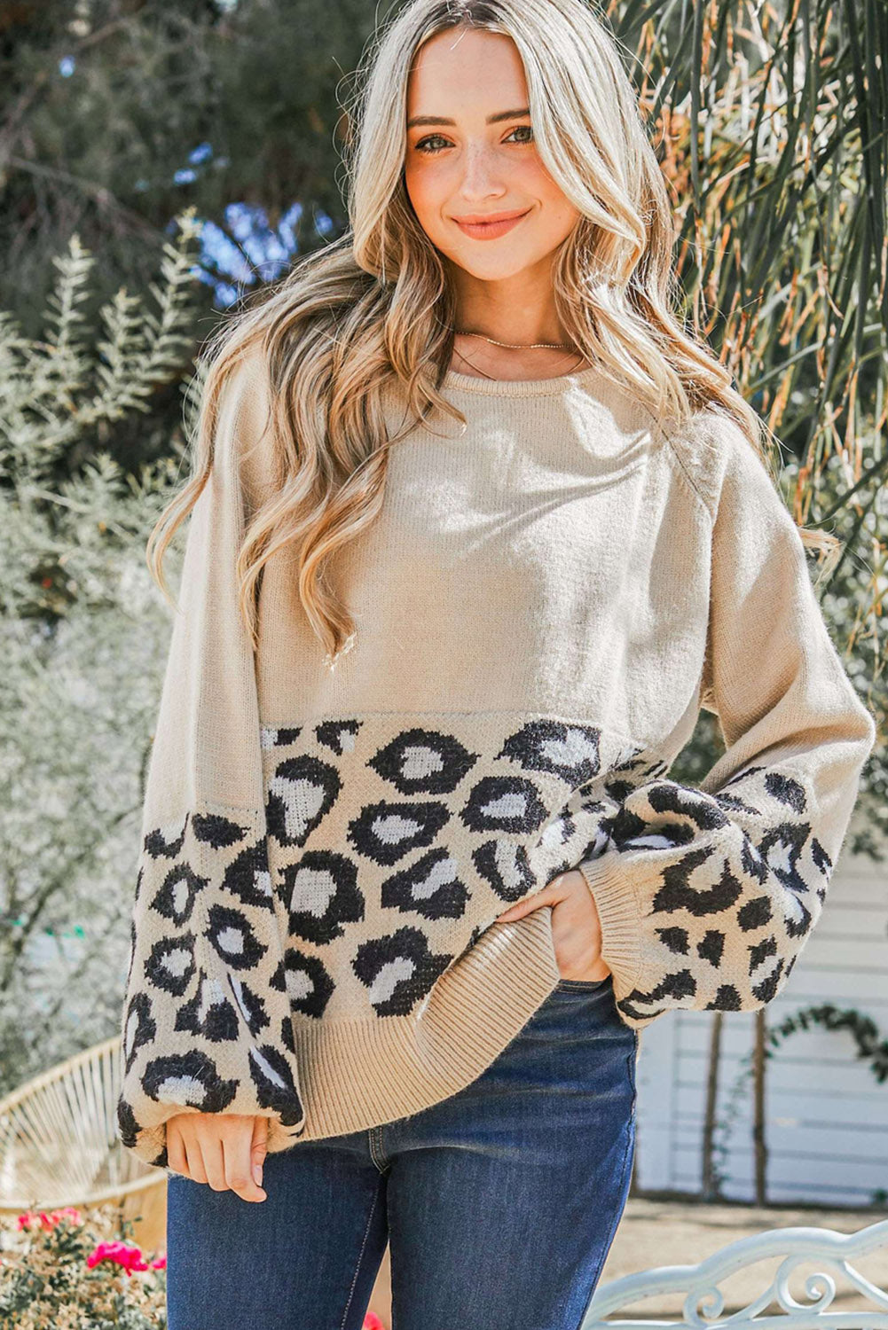 Leopard Patchwork Knitted Puff Sleeve Sweater