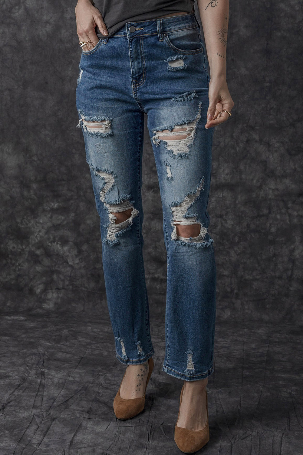 Blue Vintage Distressed Boyfriend Ripped Jeans