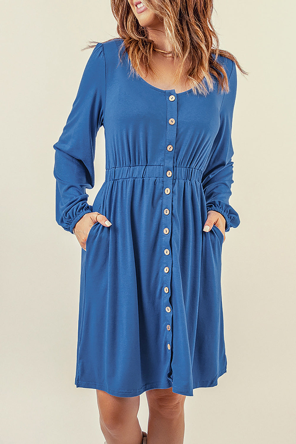 Button Up High Waist Long Sleeve Dress