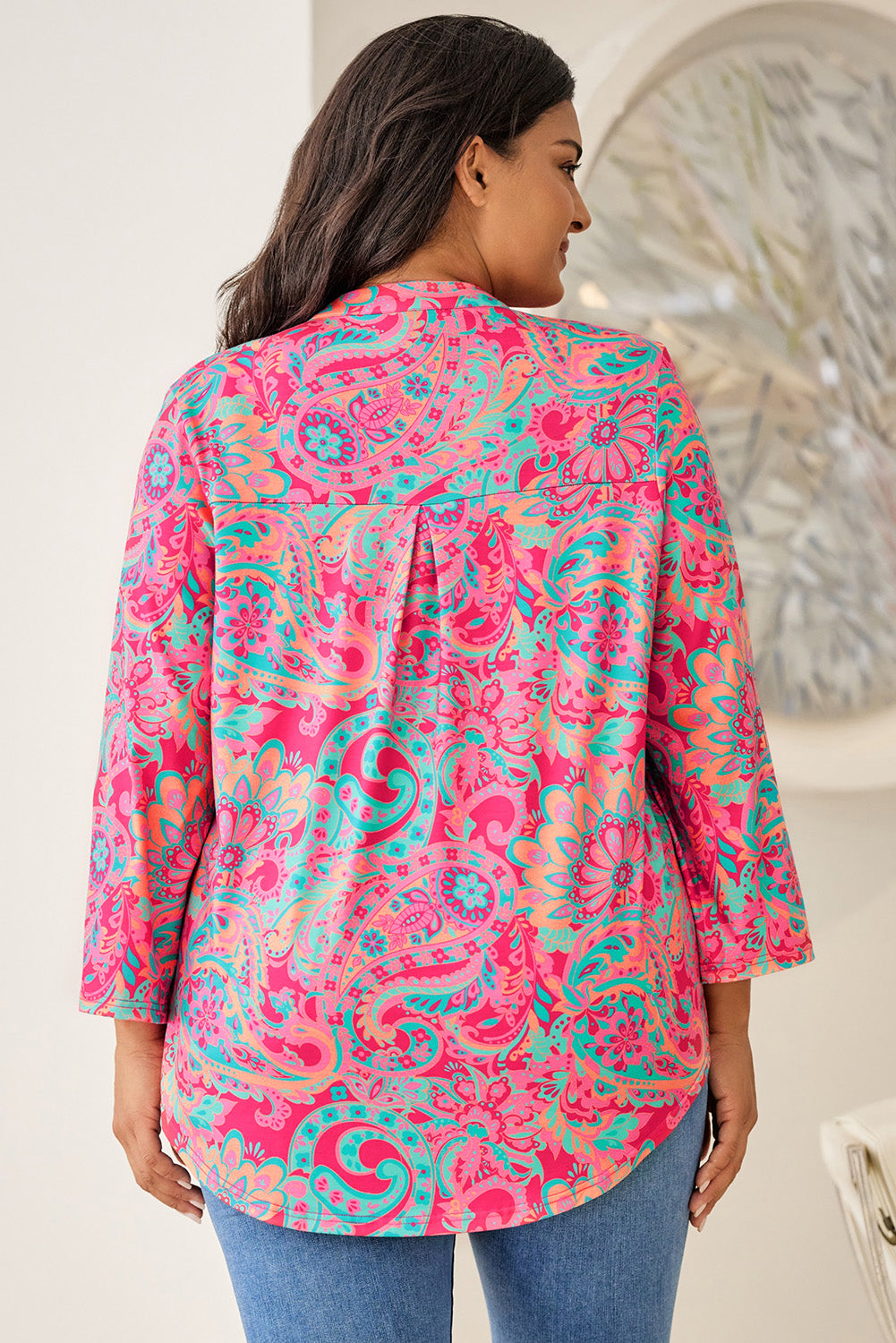 Rose - Blouse à Imprimé Paisley et Col en V à Manches Roulées de Grande Taille