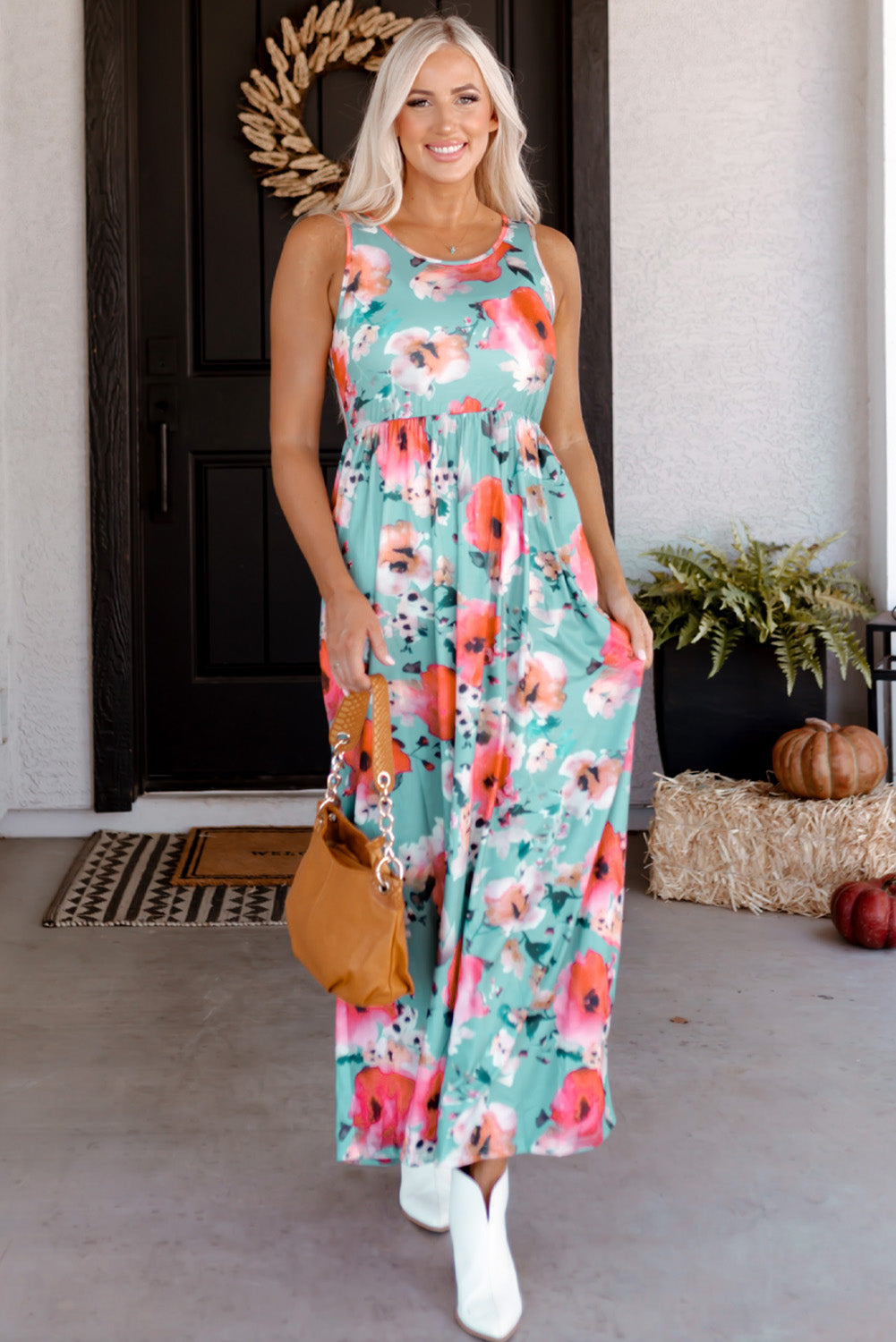 Robe longue à fleurs bleu ciel, imprimé bohème, sans manches, taille haute