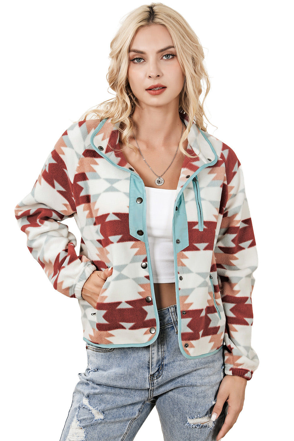 Red Geometric Aztec Pattern Plus Size Fleece Jacket