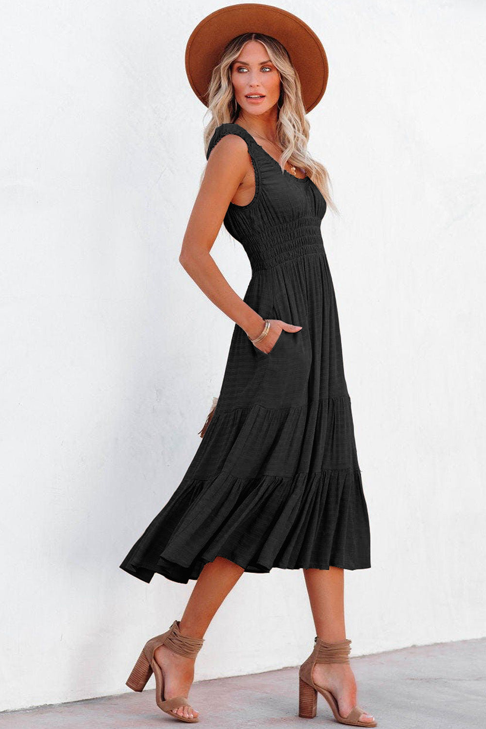 U-Neck Sleeveless Ruched Tiered Ruffled Midi Dress