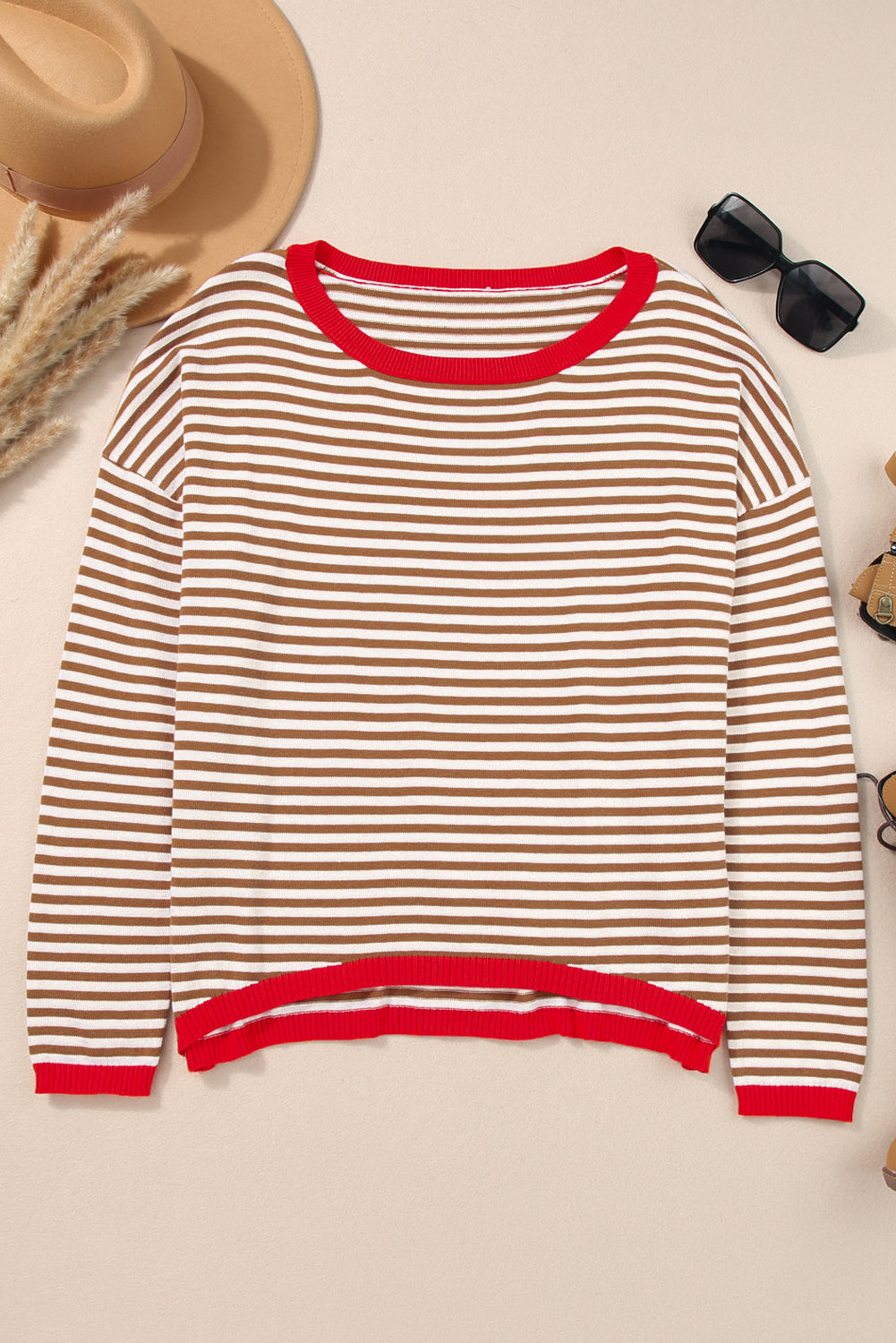 Contrast Trimmed Striped Drop Shoulder Sweater