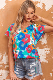 Sky Blue Multicolor Abstract Print High Neck Flutter Sleeves Top