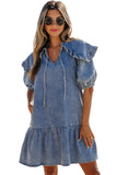 Dusk Blue Ruffled Collared Side Pockets Puff Sleeve Denim Mini Dress