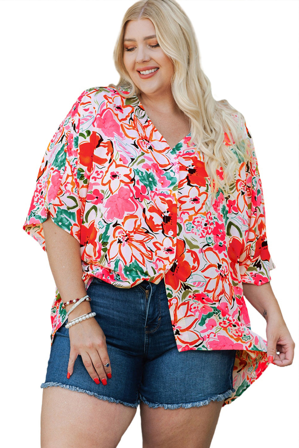 Plus Size Floral Print Kimono Sleeve Shirt