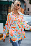 Abstract Geometry Print Half Puff Sleeve Loose Shirt