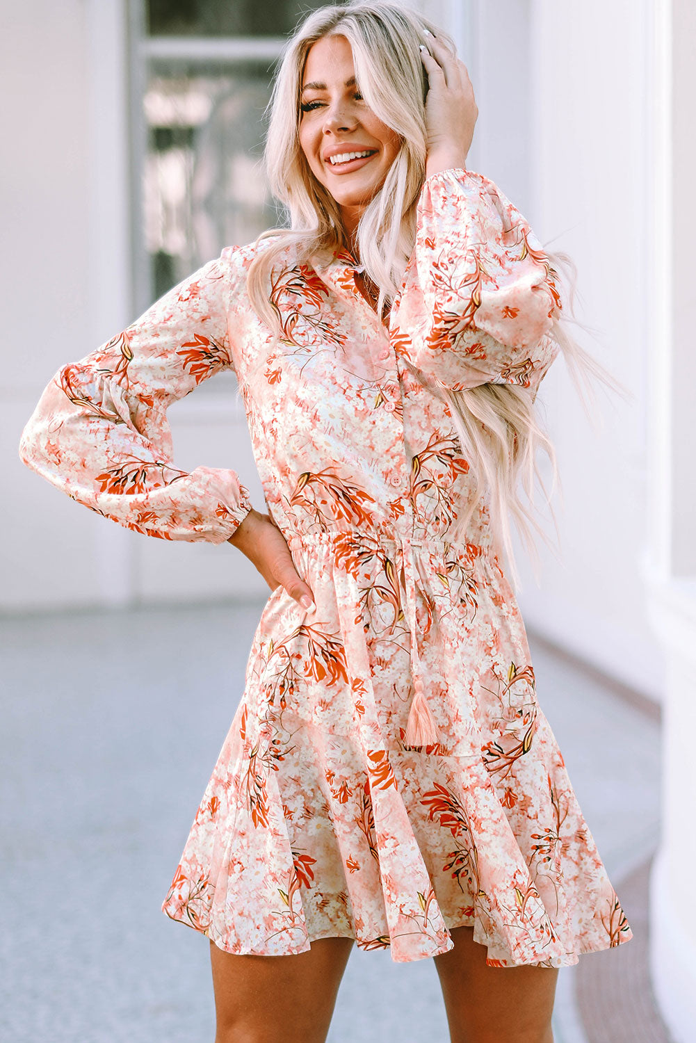 Bubble Sleeve Cinched Waist Floral Dress