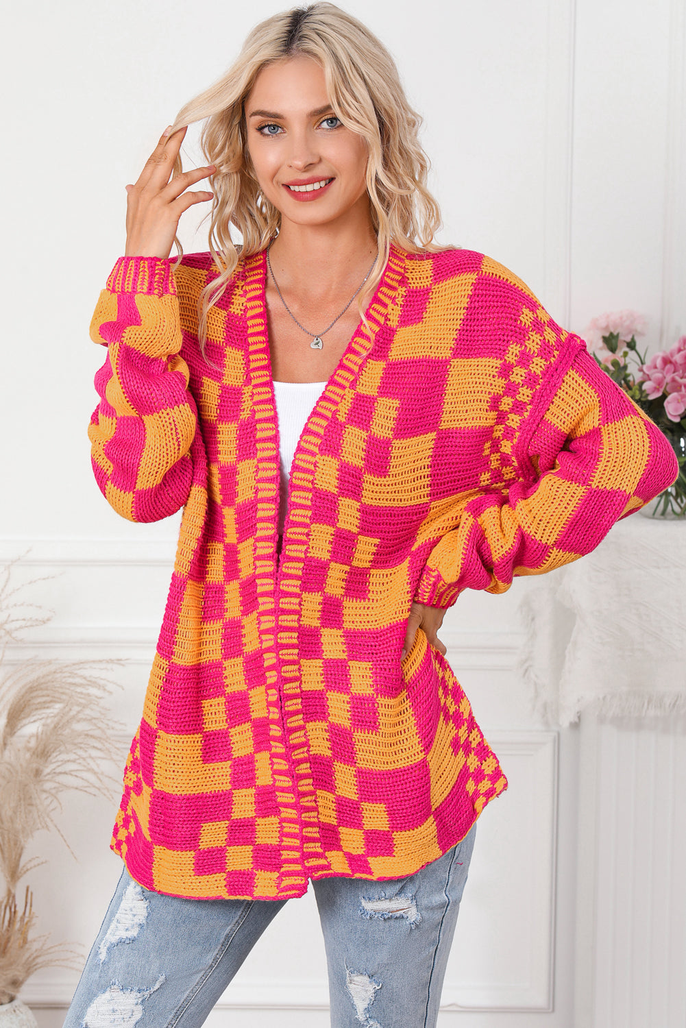 Open Front Mixed Checkered Pattern Knit Cardigan