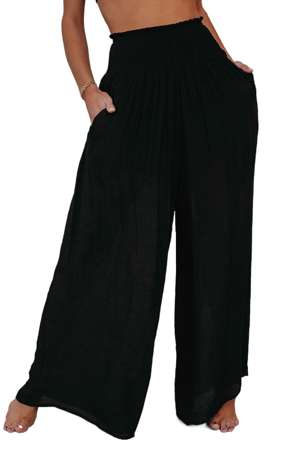 Frill Smocked High Waist Flowy Wide Leg Pants