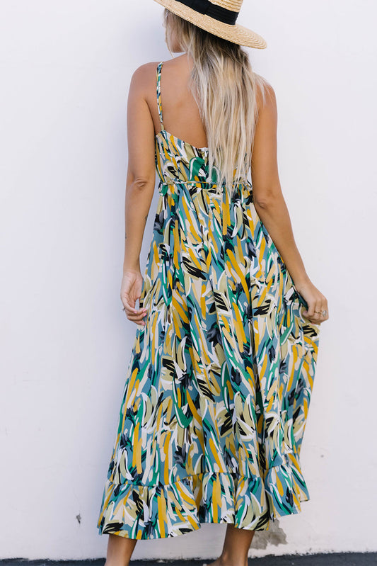 Abstract Printed Spaghetti Straps Ruffle Maxi Dress