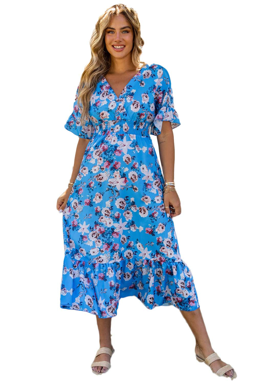 Ruffle Short Sleeve Bohemian Flower Long Dress