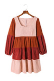 Corduroy Striped Square Neck Long Sleeve Dress