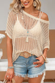 Fishnet Knit Ribbed Round Neck Short Sleeve Sweater Tee