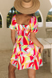 Multicolor Abstract Print Puff Sleeve Smocked Square Neck Dress