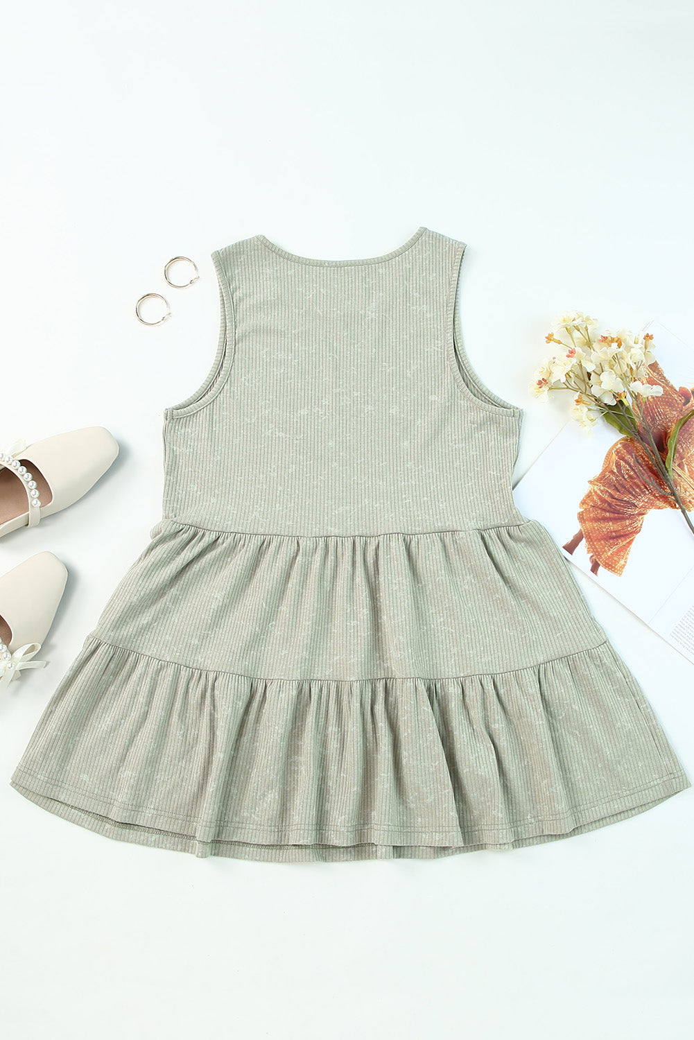 Ribbed Knit Sleeveless Tiered Ruffle Flowy Tank Top