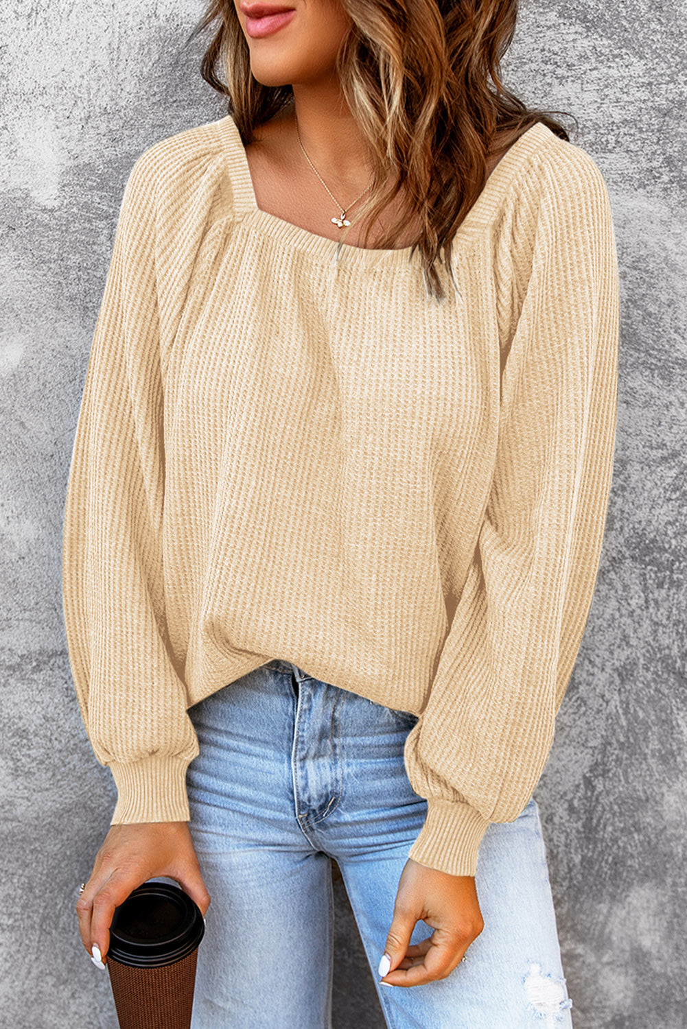 Square Neck Puff Sleeve Waffle Knit Top