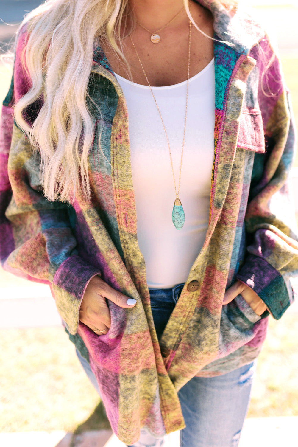 Multicolor Brushed Plaid Pocketed Oversize Shacket