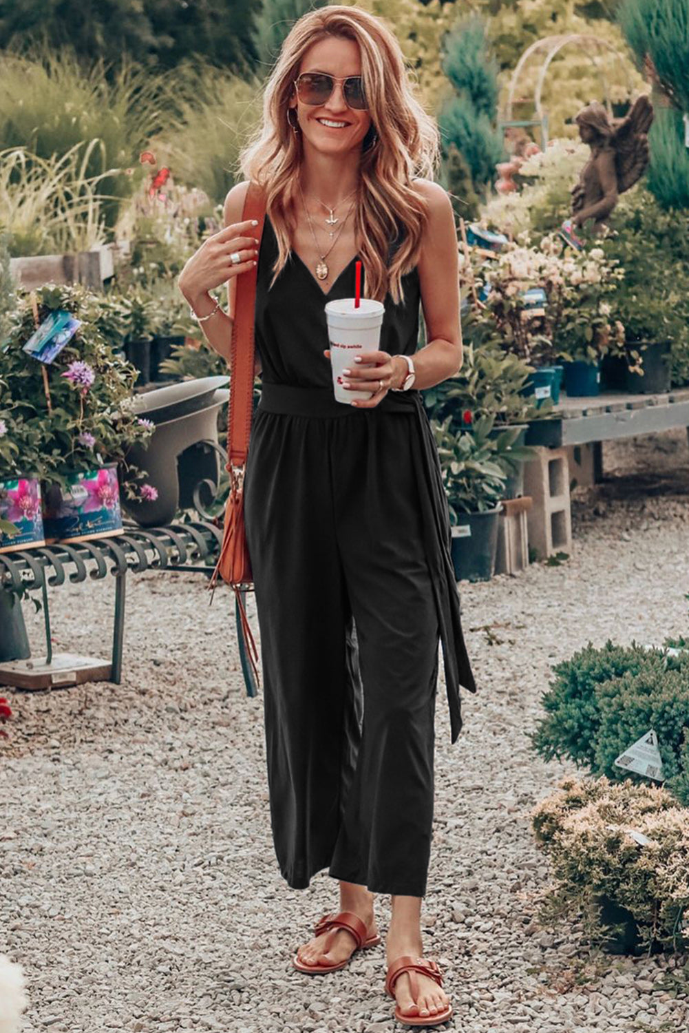 Surplice V Neck Wide Leg Jumpsuit