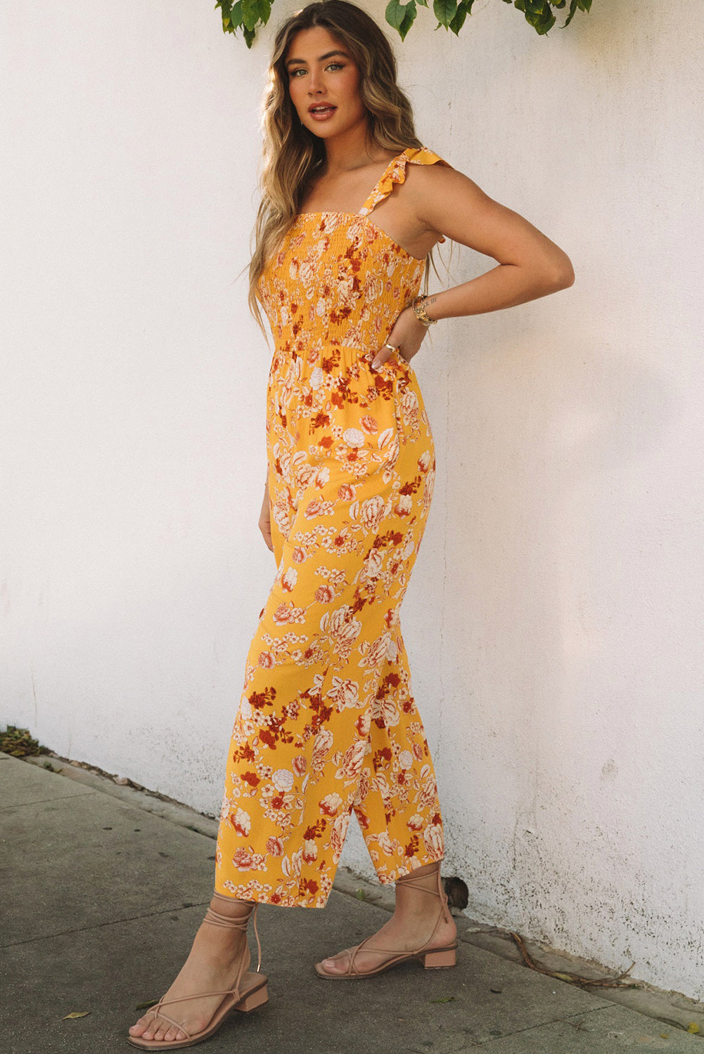 Floral Print Ruffle Shoulder Smocked Wide Leg Jumpsuit