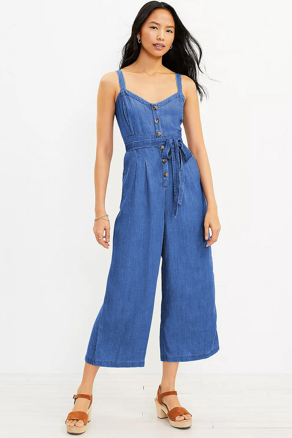 Buttoned Wide Leg Belted Chambray Strappy Jumpsuit